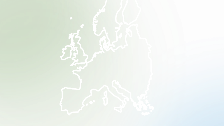 Icon graphic of a map of Europe on a green-blue background – representing European regulations, directives, or international cooperation.