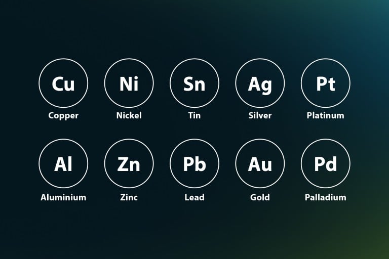 Graphic illustration featuring ten circular icons on a dark gradient background. The icons display chemical symbols and names of metals: copper (Cu), nickel (Ni), tin (Sn), silver (Ag), platinum (Pt), aluminium (Al), zinc (Zn), lead (Pb), gold (Au) and palladium (Pd).